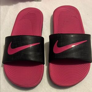 Nike Pink and Black Slide Sandals